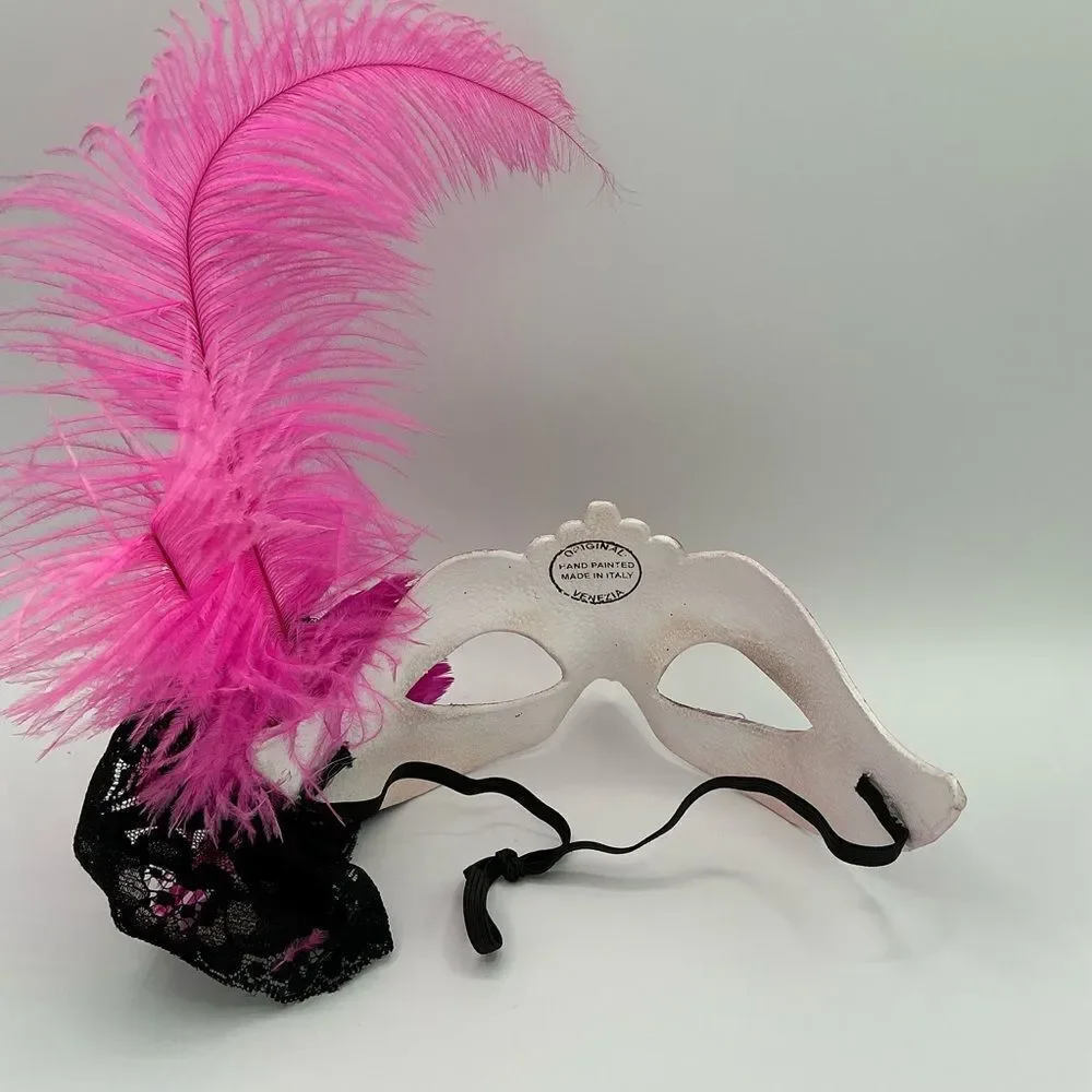 Pink and Gold Masquerade Mask with Feather.Hand painted in Italy